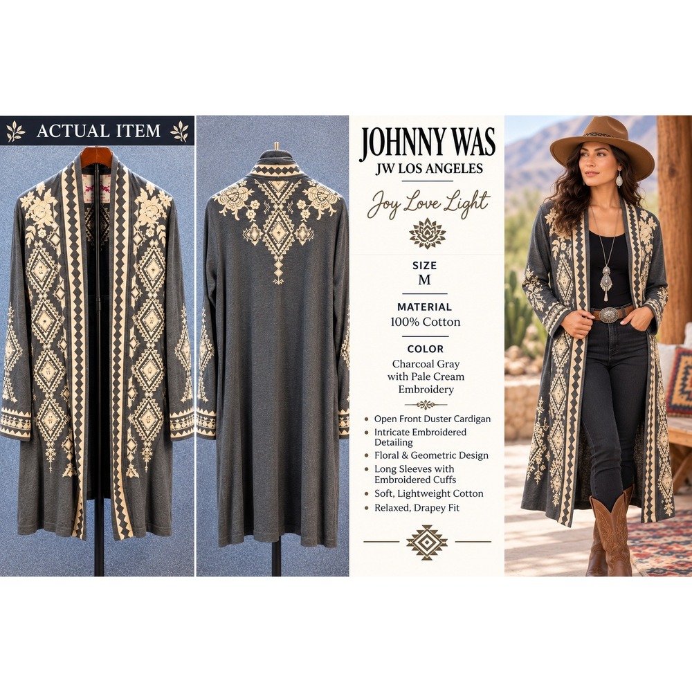 Johnny Was Duster Cardigan Womens M Embroidered Boho Gray Medium Excellent Boho